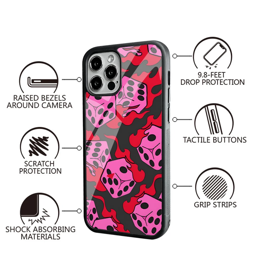 Flaming Dice Pink Phone Case For IPhone 16 16pro 16plus 16promax Pro Plus Max Mirror Acrylic PC TPU Cover