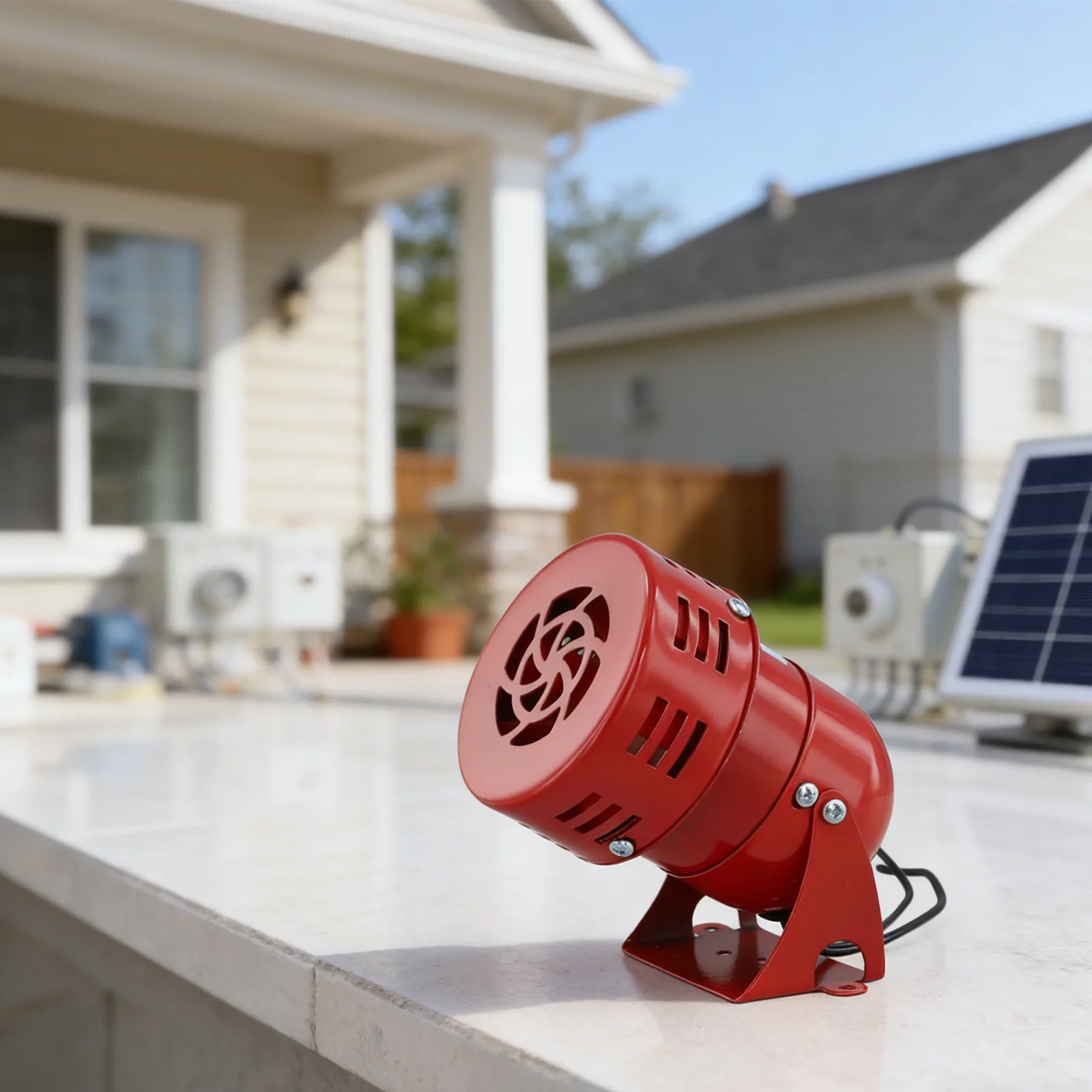 AC 220V alarm siren with motor and dual wind blades producing loud and continuous sound for site safety and power failure alerts