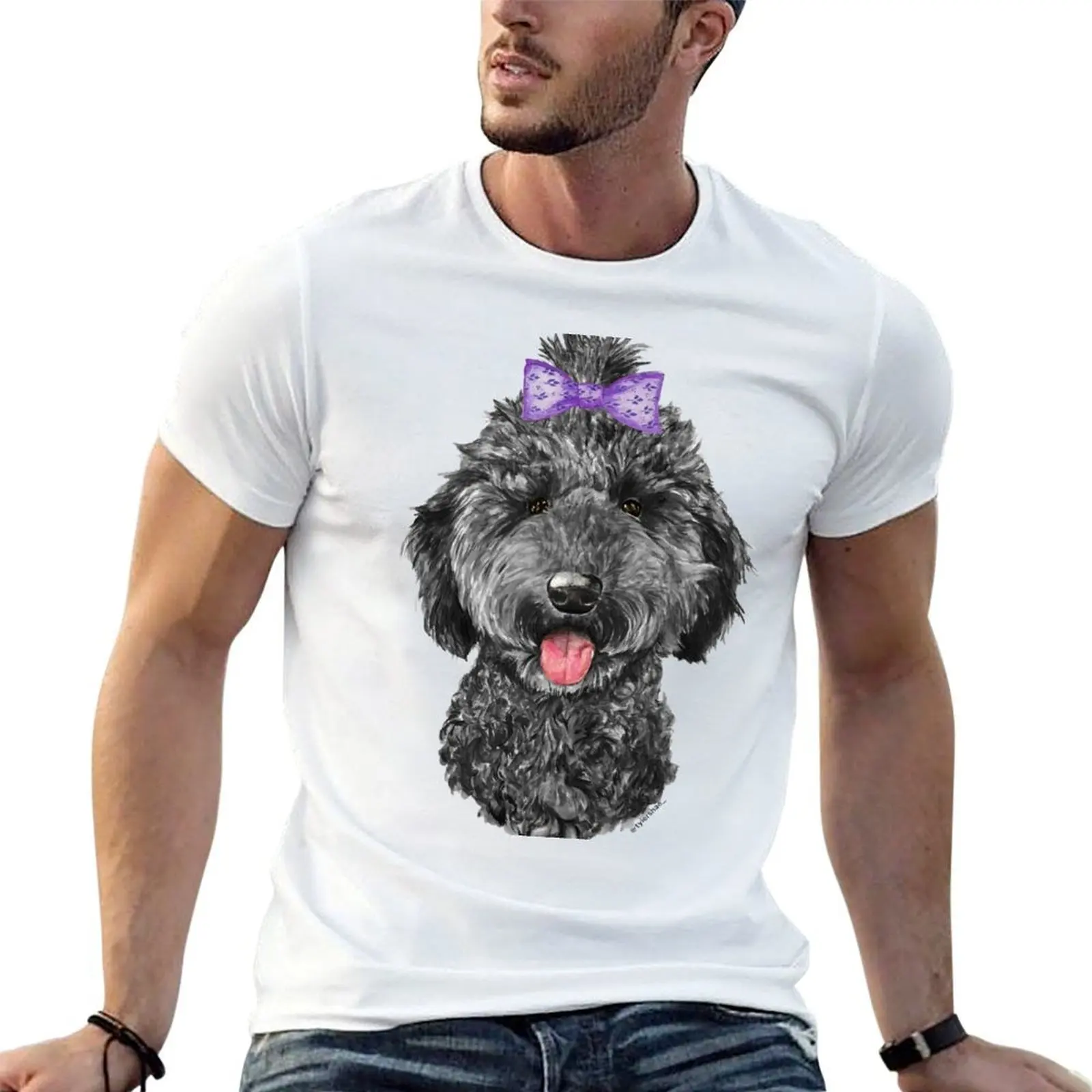 

Акварель, черная, золотая собака-каракули с бантиком для волос (собака Лулу, терапевтическая) футболка, футболки с аниме, футболка большого размера