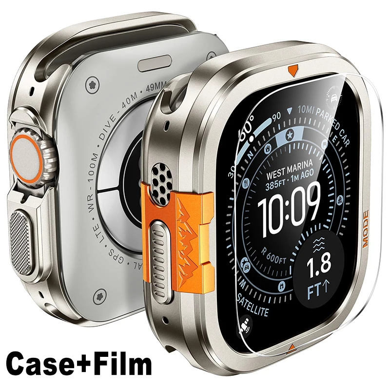 Metallgehäuse+Gehärteter Glasfilm für Apple Watch Ultra 3 2 1 49mm Displayschutz Stoßfester Harter PC-Rückenschutz für IWatch Ultra 49mm