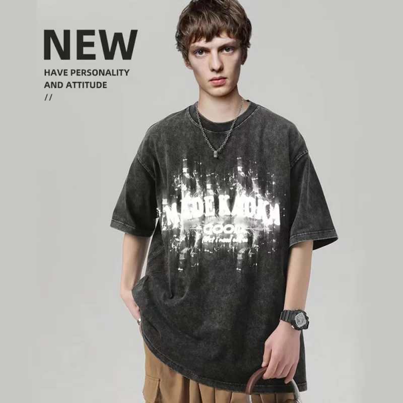 

【Mirrordust】Distressed Style Short Sleeve Tee for Guys Printed Round Neck Oversized Retro Ins Chic Top