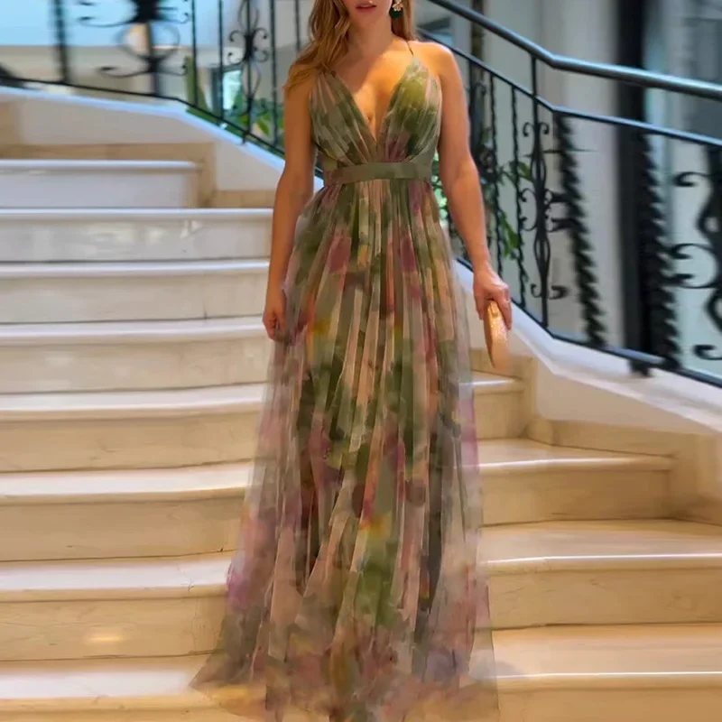 

LIBIELIY Elegant V-neck Sleeveless Swing Long Dress Women Fashion Pattern Printed Waist Bohemian Dress 2025 Sexy Mesh Pleated P