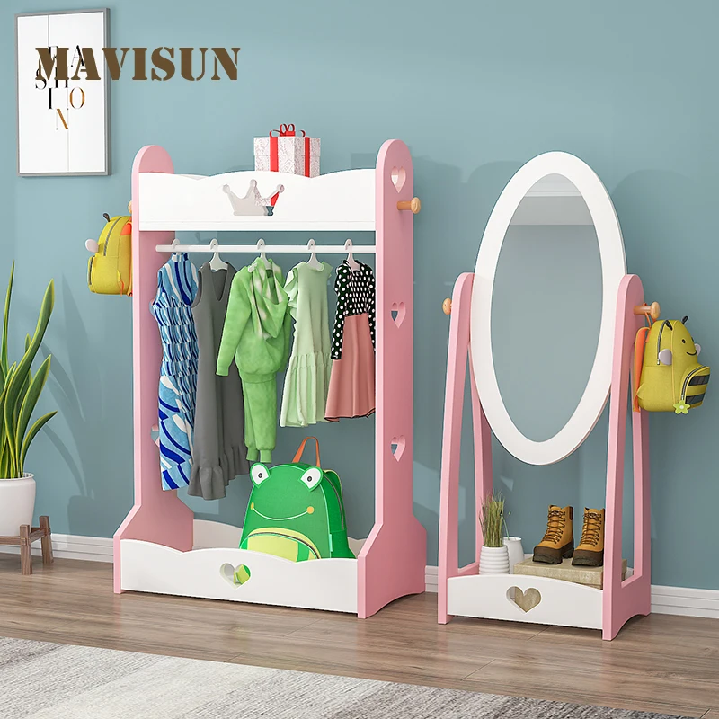 Children's Room Hanger Floor Solid Wood Dressing Mirror Bedroom Cartoon Ins Wind Kindergarten Coat Rack