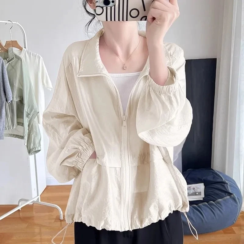 Explosions Sunscreen Women's 2026 Summer Thin Coat Stand Collar Korean Outwear Uv Cardigan Drawstring Overwear Ladies Top