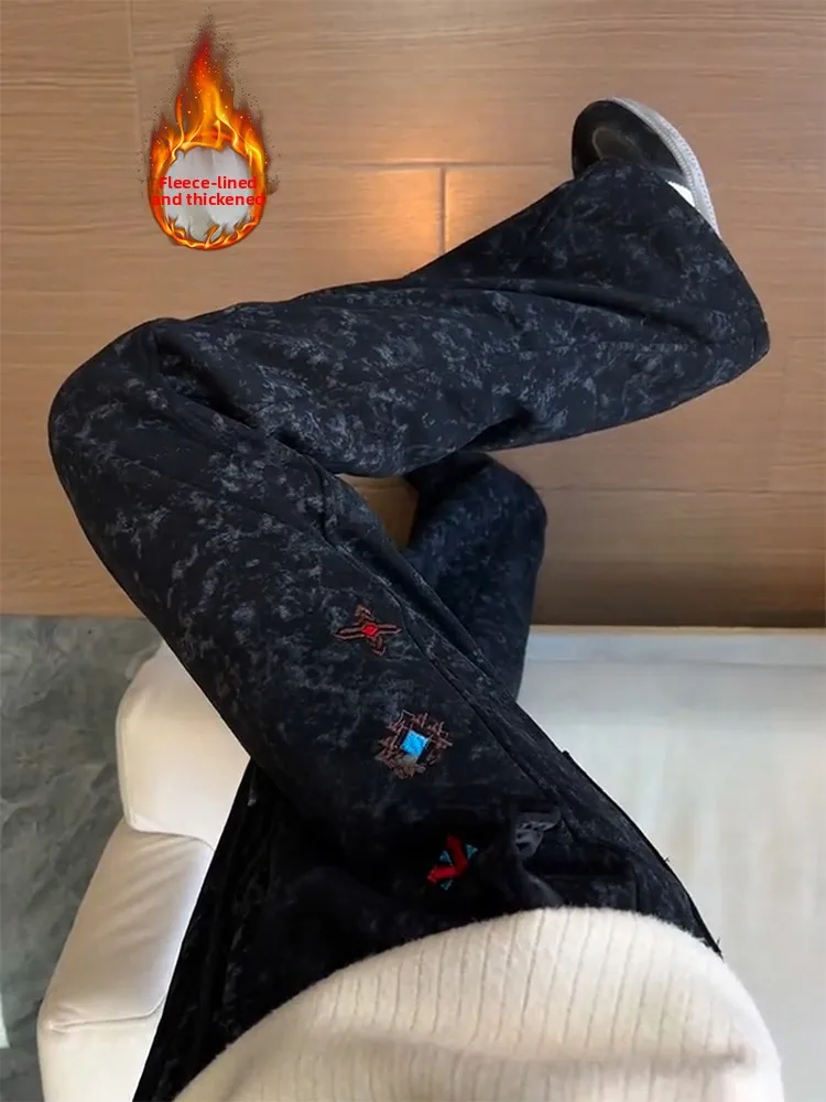 

Bla Ethnic Embroidered Tie Dye Fce Lined Straight Leg Men's Winter Thiened Casual Pants Faionable Straight Cut Jeans