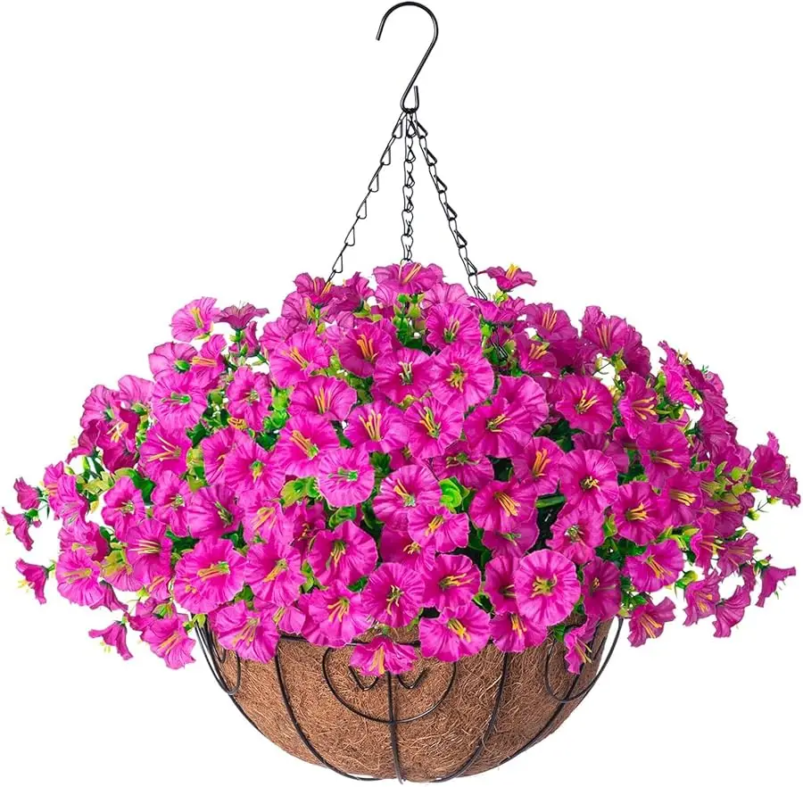 Artificial Fake Hanging Flowers Plants in Basket for Outdoor Decoration, 12 Pcs Faux Morning Glory in Planter Realistic UV Resis
