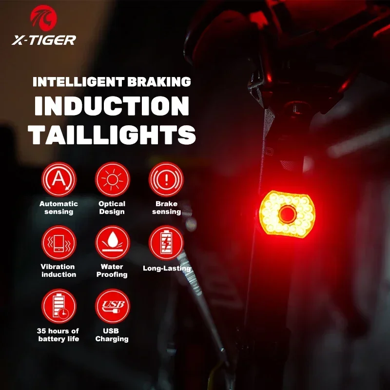 

X-TIGER Bike Light IPx6 Waterproof LED Charging Bicycle Smart Auto Brake Sensing Light Bike Taillight Light Cycling Flashlight