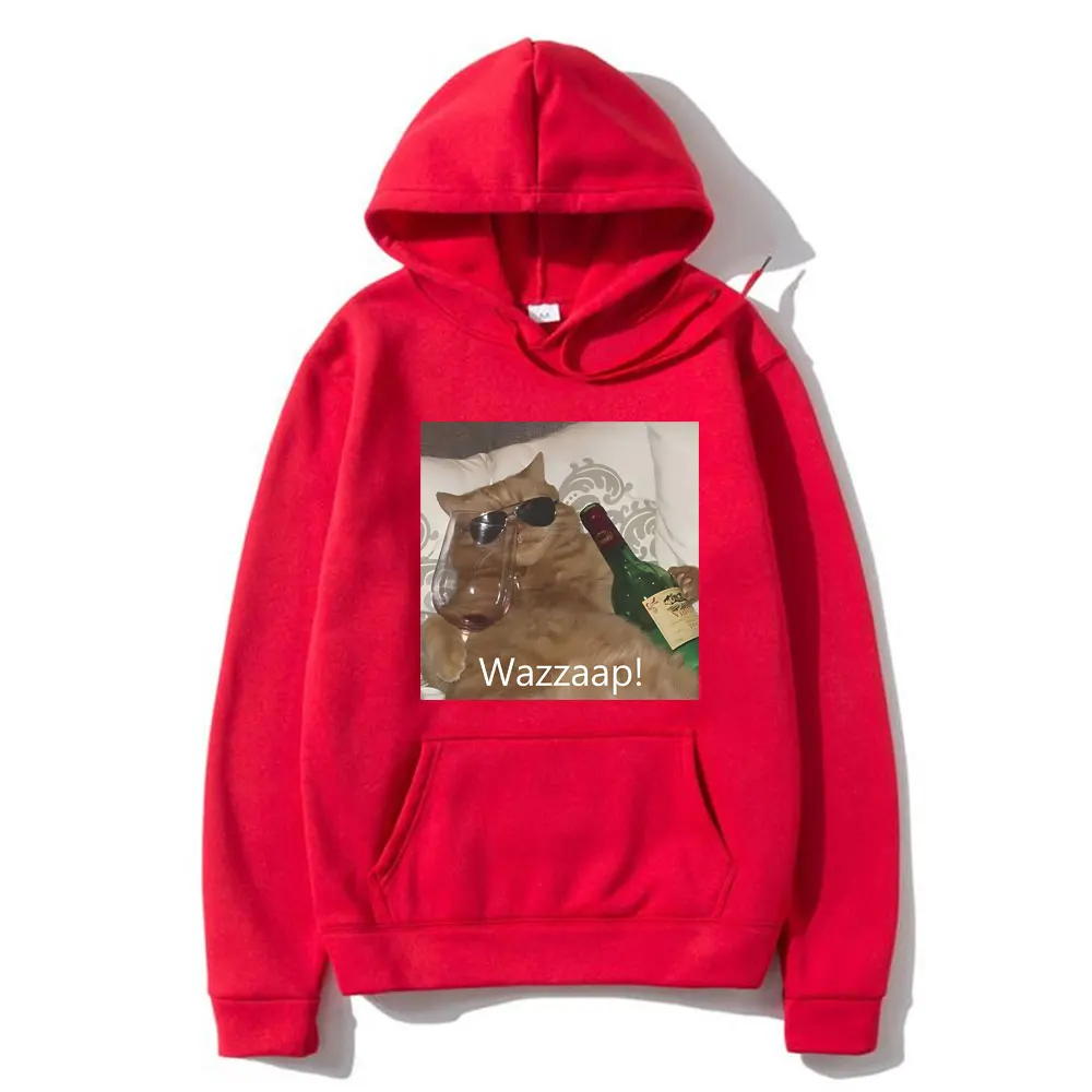 Drunk Cat Whazzaap Ironic Funny Meme Hoodie Men Fashion Casual Fleece Cotton Pullover Men Women Humor Fashion Oversized Hoodies