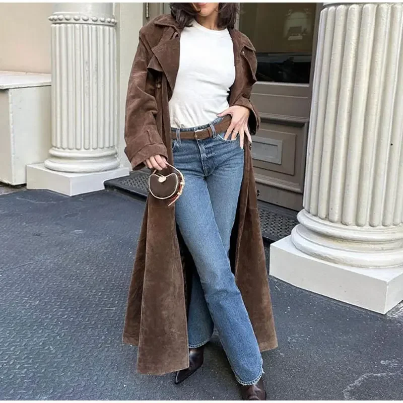 Suede Leather Long Windbreaker Coat for Lady, Full Sleeved Overcoat, High Street Outwear, Fashionable Belt, Brown, Autumn and Wi