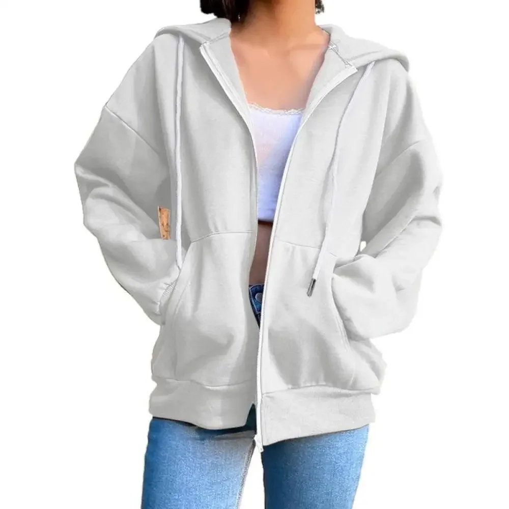 New Autumn Solid Zip-Up Fleece Hoodies Women Casual Loose Hooded Sweatshirts Witth Drawstring Pockets Lady Zipper Sports Hoodies