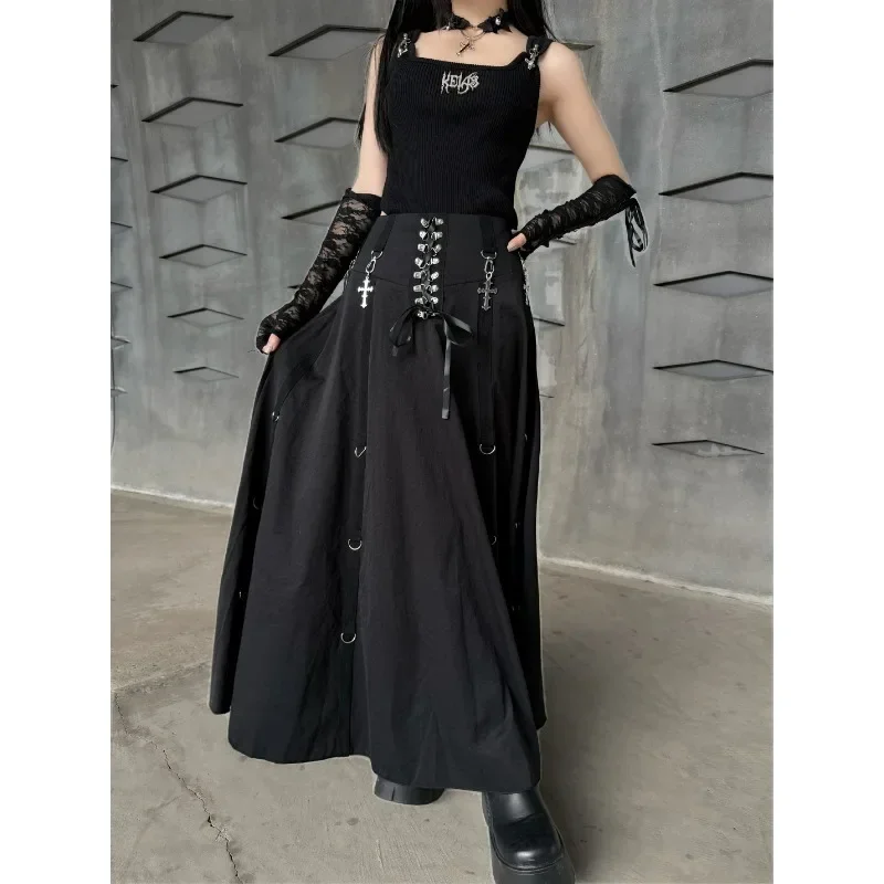 Punk Sexy Girl Cross Pendant Black Long Skirt Goth 2024 Spring and Autumn New Subcultural Girls Mid-length Skirt  Faldas Largas