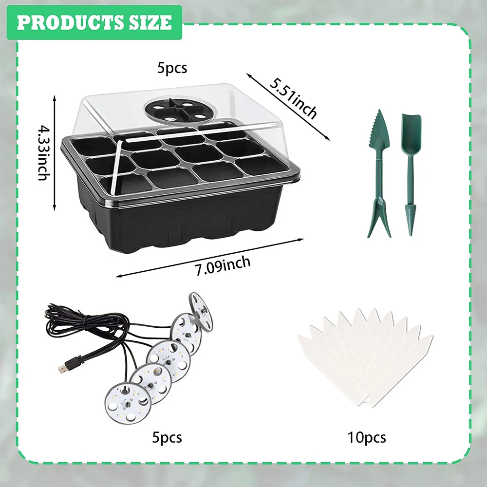 5 Pack Plant Seed Starter Trays Kit Seedling Tray Starter with Grow Light Greenhouse Growing Trays with Holes 60 Cell Per Tray