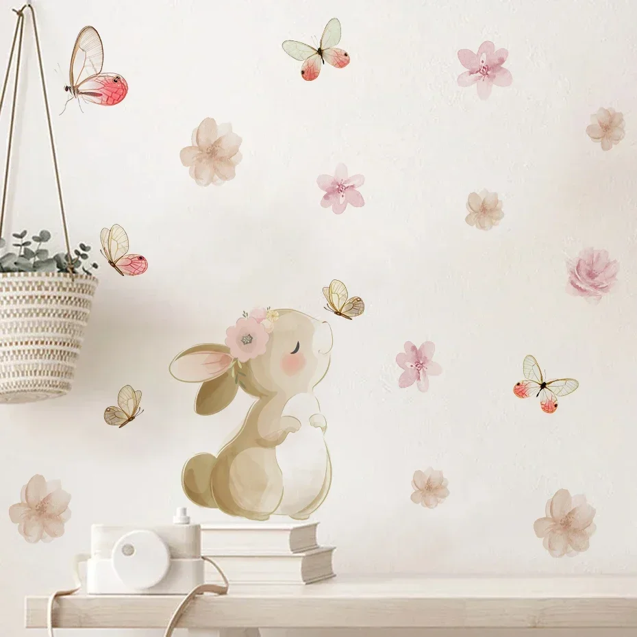Boho Style Floral Rabbit Butterfly Wall Decal for Kids Nursery Bedroom Living Room Decor Peel and Stick PVC Mural Sticker Remova