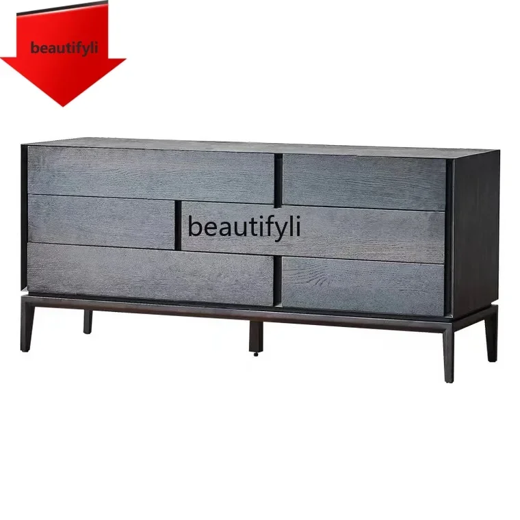

K185 Italian Minimalist Oak Smoky Chest of Drawer Square Sideboard Storage Entrance Cabinet Black Bedroom Storage Chest of Drawe
