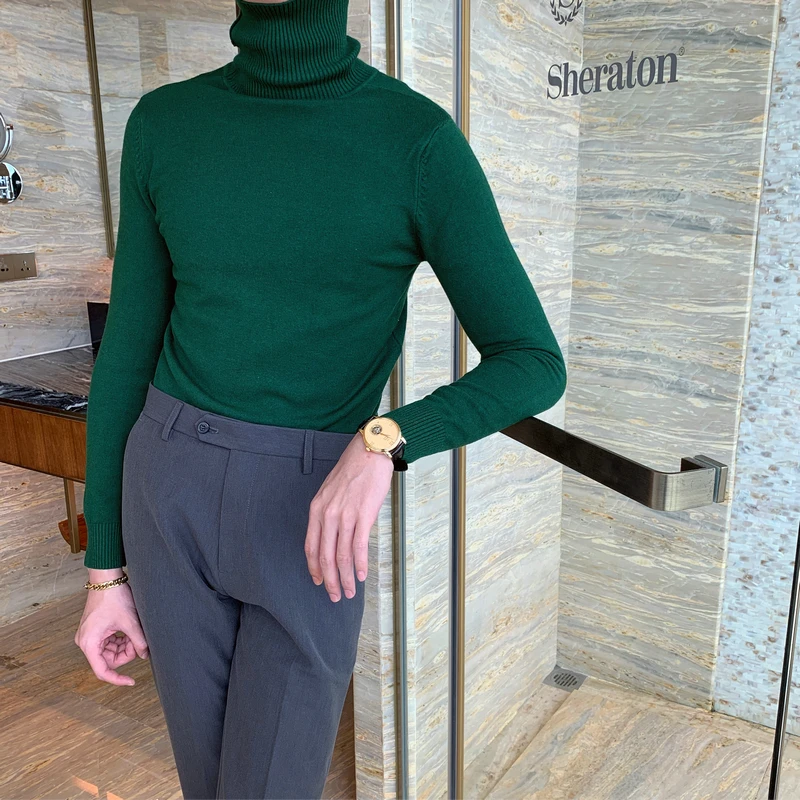 

Winter Thiened High Collar Knitted Sweater Men's Faionable Pure Color Hong Kong Sle Youth Slim Fit Base irt