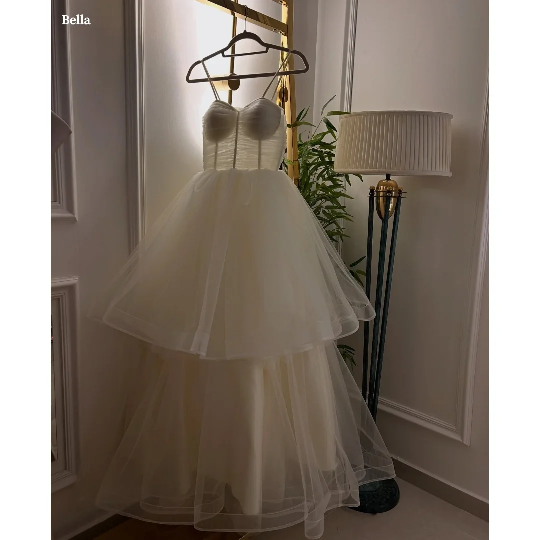 

Bella Customized Ivory Spaghetti Strap Prom Dress with Sheer Embellished Bodice and Tiered Tulle Ball Gown Skirt Party Dresses
