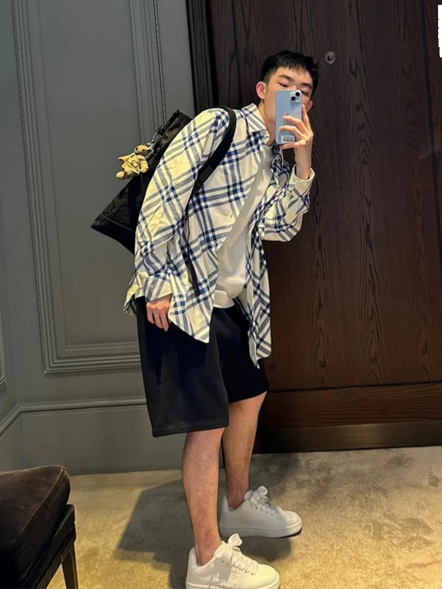 

Сине-белое клетчатое мужское пальто с воротником на одной пуговице, весеннее новое праздничное пальто с защитой от солнца, длинное пальто свободного покроя све