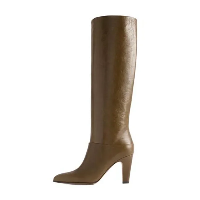 Bottes Hautes en Cuir group pour Femme, Couleur Unie, Vert Armée, Bordeaux, Noir, Rond, à Enfiler, Talons Carrés, Hiver