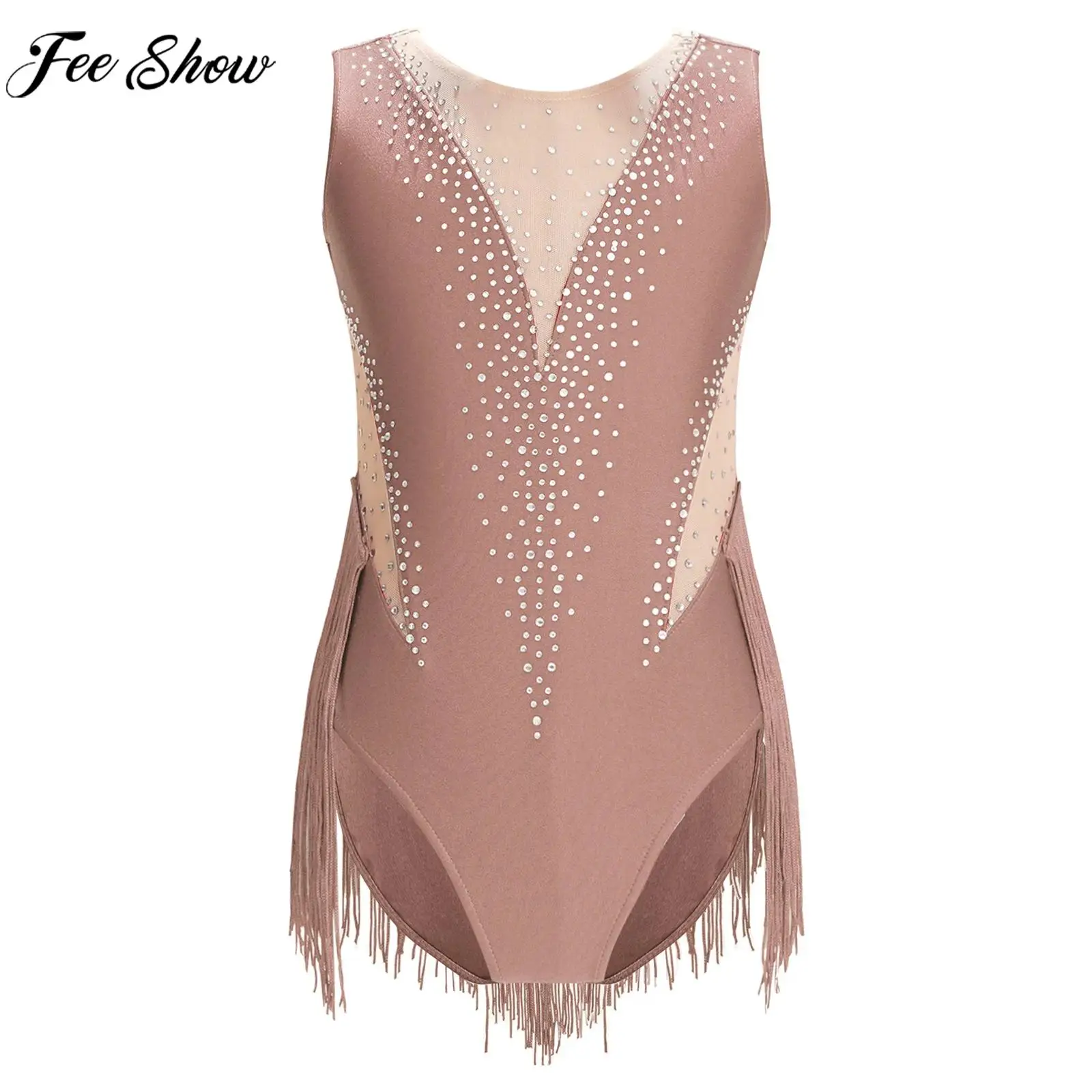 

6-16Y Girls Ballet Dance Gymnastics Leotard Shiny Rhinestone Tassel Bodysuit for Latin Cha-Cha Figure Skating Stage Performance