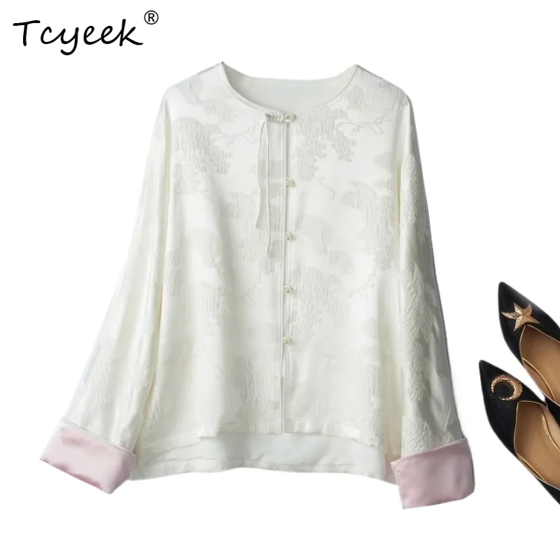 

Tcyeek 93% Mulberry Silk 7% Spandex Spring Autumn Woman Coats Chinese Style Double-layer White Round Neck Long Sleeved Shirt 셔츠