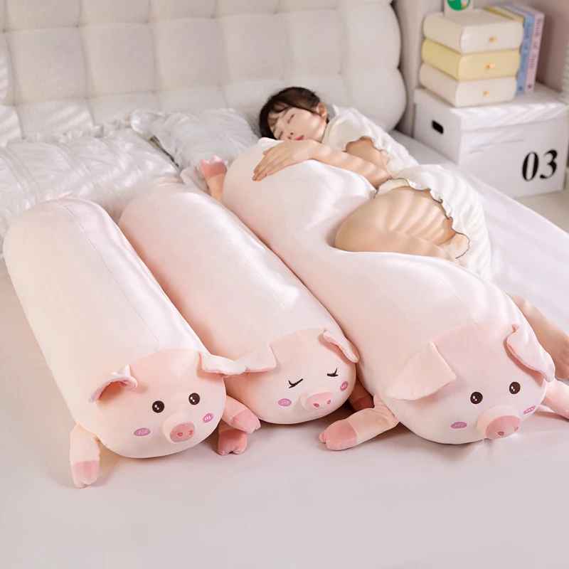 

100/140cm Kawaii Long Cylindrical Pink Pig Stuffed Toy, Ultra Soft Fluffy Piggy Plush Comfort Hugging Pillow for Sleeping