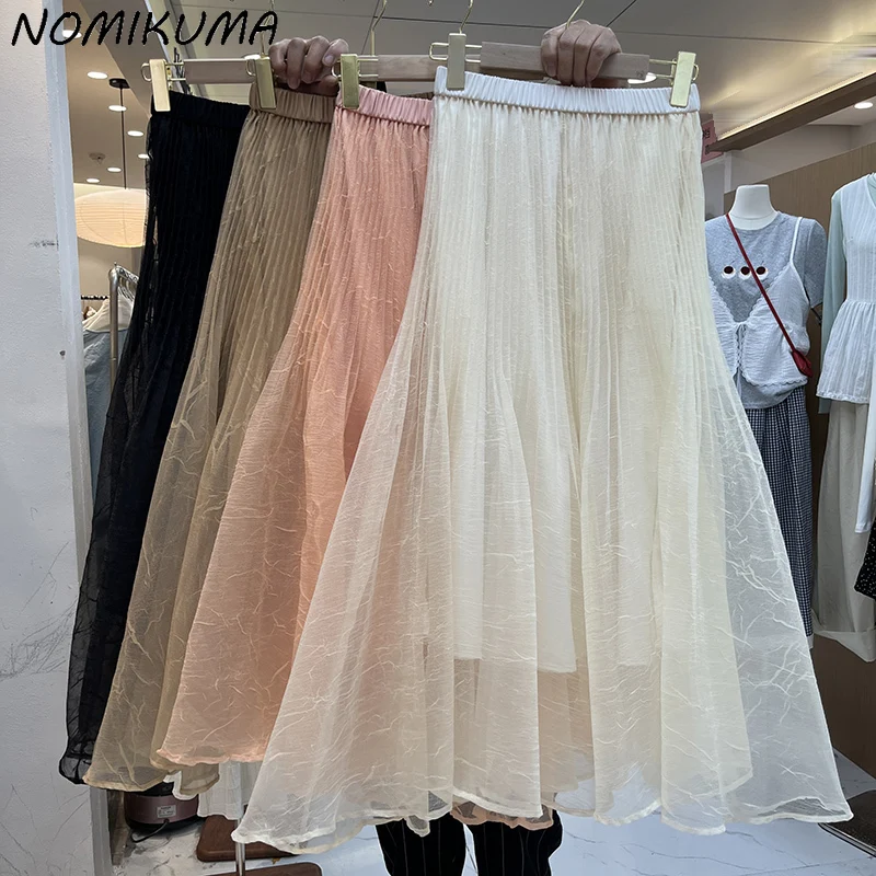 

Nomikuma Pleated Half Skirt for Women Elastic High Waisted Ruffle Edge Long A-line Skirts Mujer Faldas