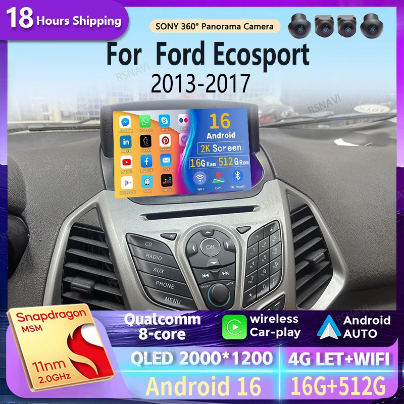 Android 16 Carplay Auto 2K Screen Car Radio Multimedia Player For Ford Ecosport 2013-2017 DSP 2din Autoradio Stereo Head Unit