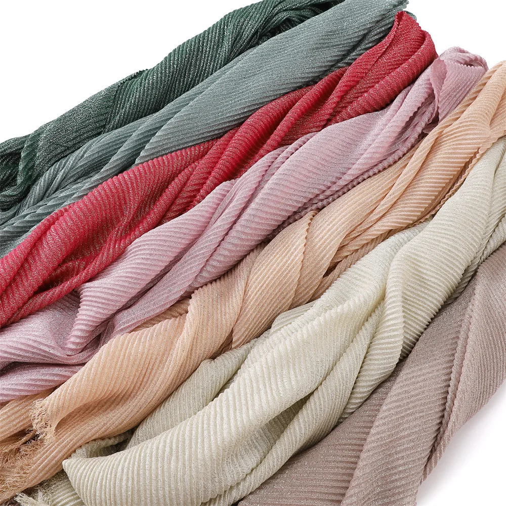 24 Colors Plain Glitter Shimmer Wrinkle Fringe Viscose Scarf Shawl Lady Thin Ripple Wrap Pashmina Stole Bufandas Muslim Hijab