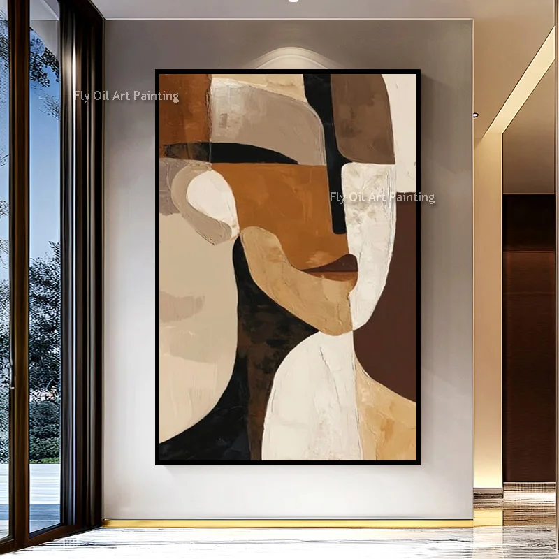 Brown Beige Canvas Thick Wall Art Abstract Face Hand Painted Oil Painting Minimal Figure Wall Decor For Entry Hall