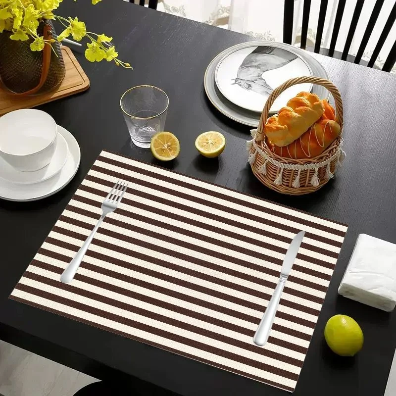 VIKAMA Christmas Placemat Brown White Stripe Woven, Waterproof Oil-Proof Heat-Resistant Dining Table Mat for Holiday Home