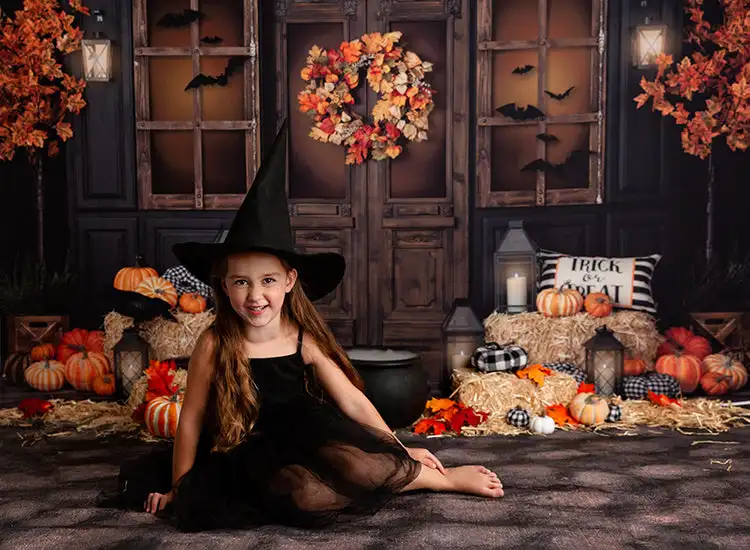 Backdrops para Halloween Porch Fotografia, Birthday Cake Smash, Pumpkin Lantern, Witch Bat, Festival Fundo para Crianças e Adultos, Outono