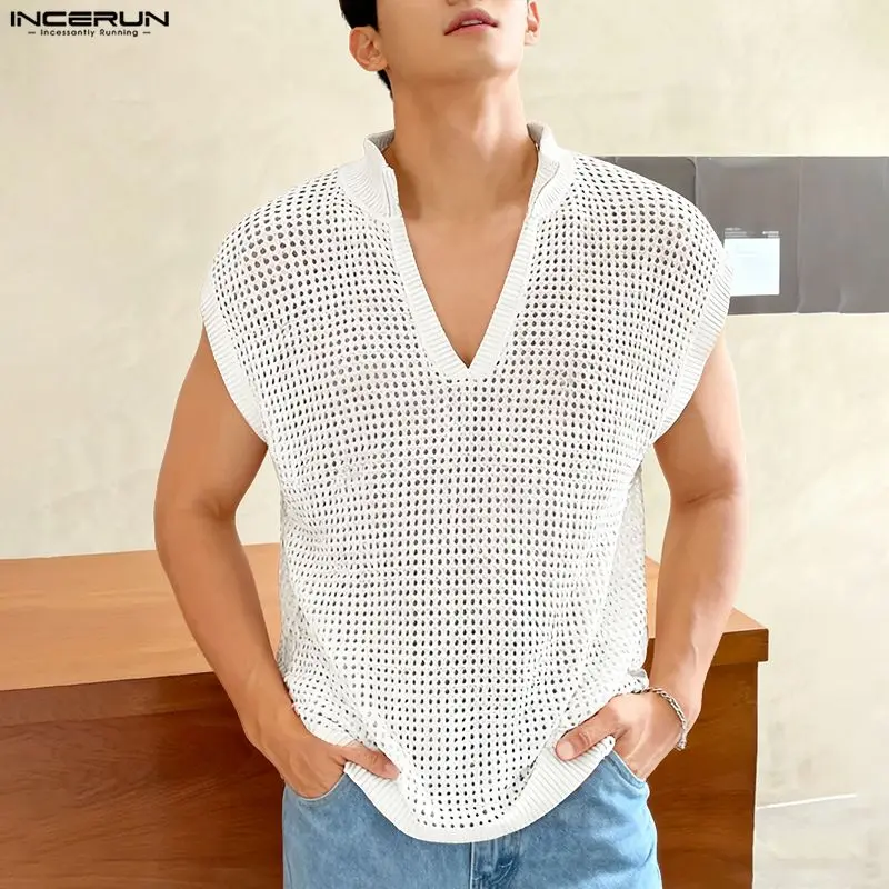 INCERUN Men Tank Tops Mesh Hollow Out See Through V Neck Sleeveless Male Vests Tops Streetwear Summer 2026 Casual Men Clothing
