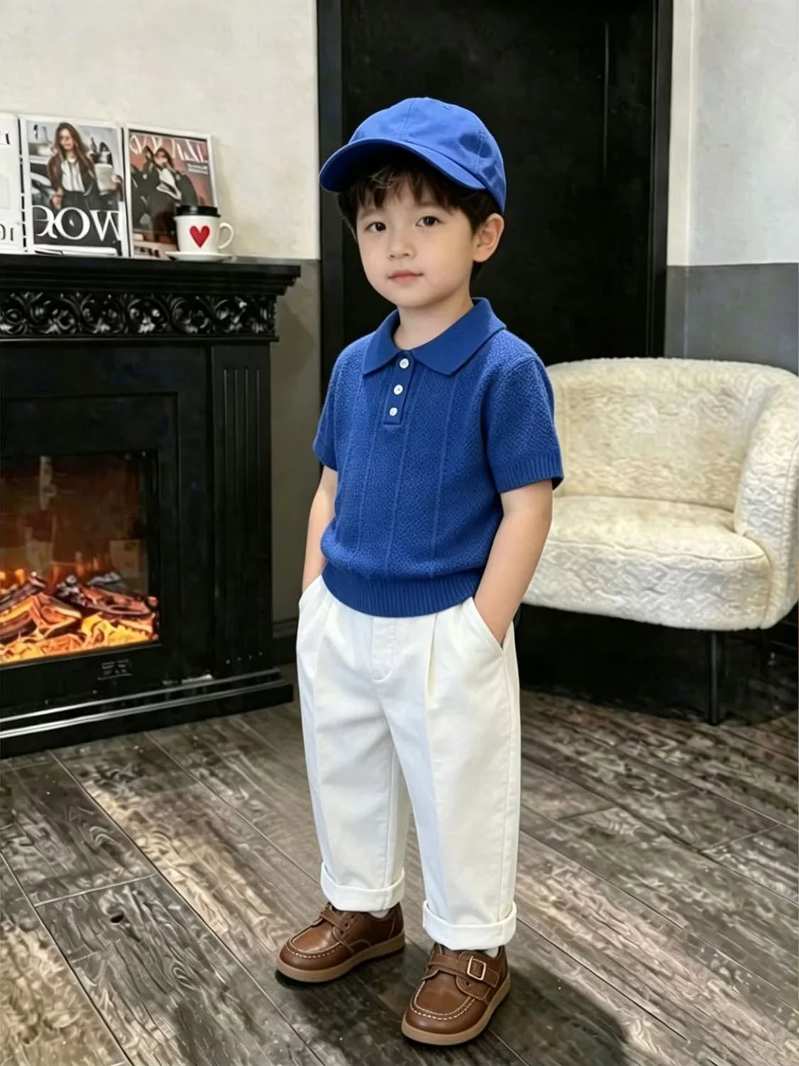 

Children's Summer Set Fashionable New Boys' Blue Hollow Polo Neck Short Sleeve Knitted Shirt+White Casual Pants Two-piece Set