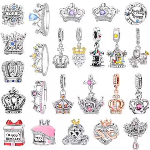 Original 925 Sterling Silver Princess Crown Charm Bead Ear Stud Ring Pendant Fit Necklace Bracelet Women Jewelry DIY Gift