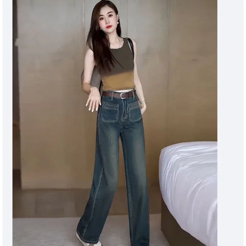 Cement Gray Narrow Version of Wide-leg Jeans Women 2024 New Fashion High-waisted Straight Pants Casual Mopping Pants