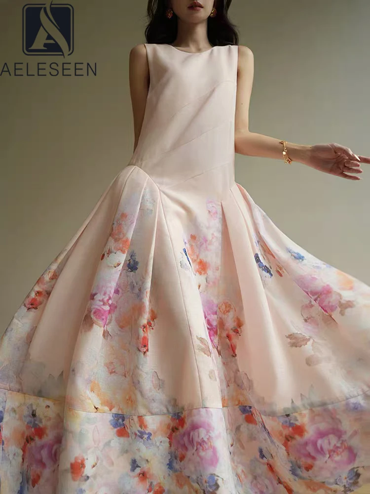 

AELESEEN Sweety Summer Long Dress Women Fashion Designer Sleeveless Colorful Floral Print Belt Casual Party Female Vestiidos