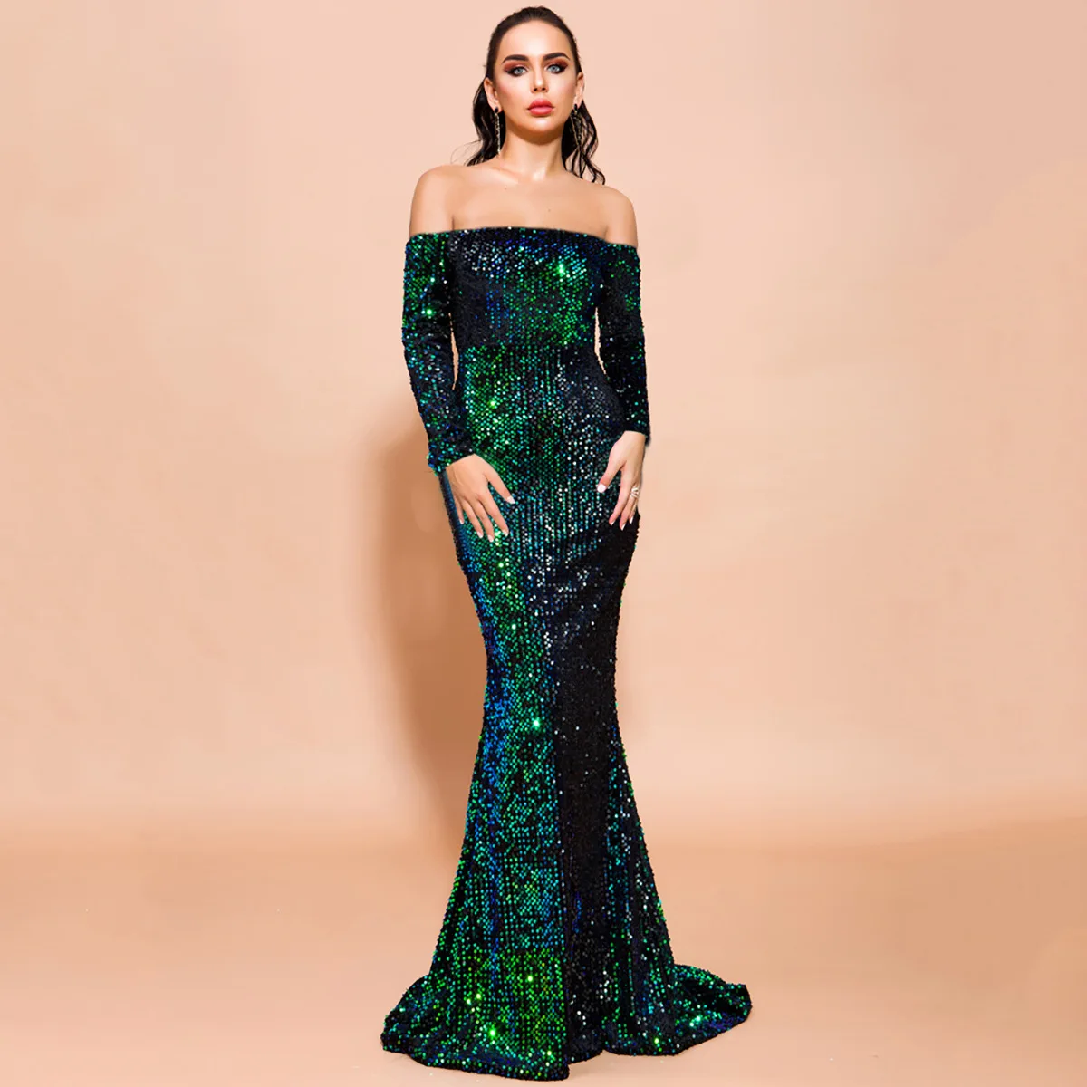 New spring clothes European and American sexy tube top one-word shoulder long-sleeved sequins party mopping evening dress womend