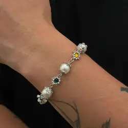 Lacteo Creative Shining Inlaid Rhinestones Imitation Pearl Bracelet for Men Fashion Statement Hand Bracelet Male Street Jewelry