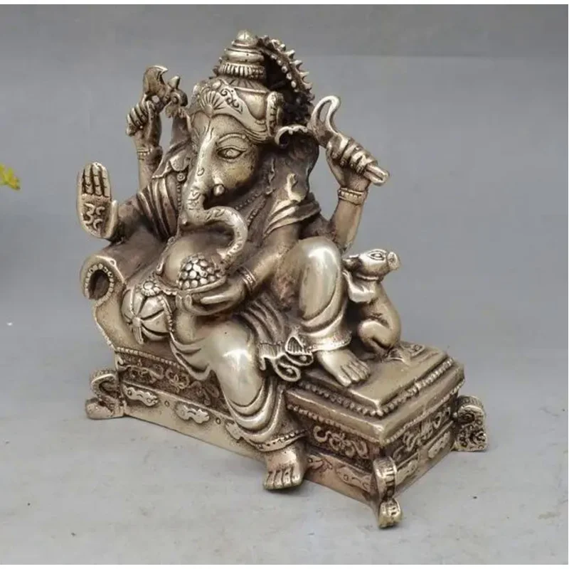 

Copper Statue 6" lucky Chinese Tibet Silver 4 Arms Ganesh Elephant Mammon Buddha Mouse Statue