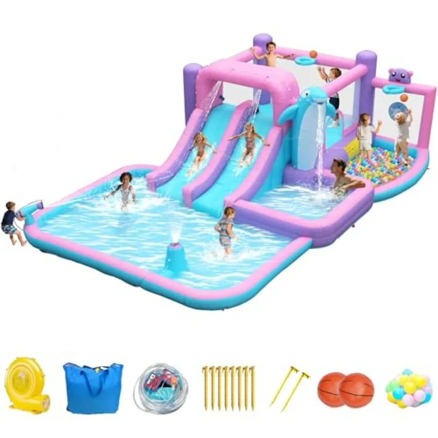 

Outdoor inflatable water park with double slide, splash pool, water gun, basketball hoop, climbing wall, and dual pools; PVC ma