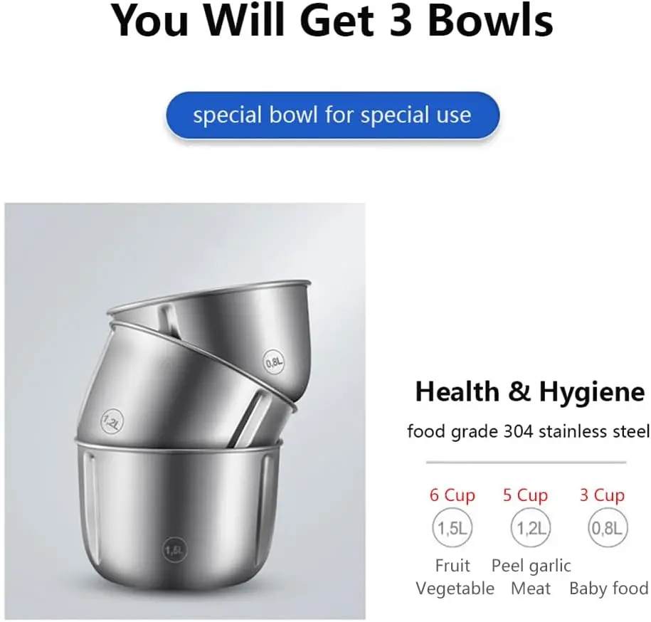 

JD-376B Electric Food Processor,Meat Grinder with Garlic Peeler,Vegetable Fruit Chopper with 3 Stainless Steel Bowls,Blue