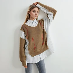 Hit Color Patchwork Knitting Minimalist Sweater For Women Lapel Long Sleeve Casual Loose Pullover Sweaters Female Fashion