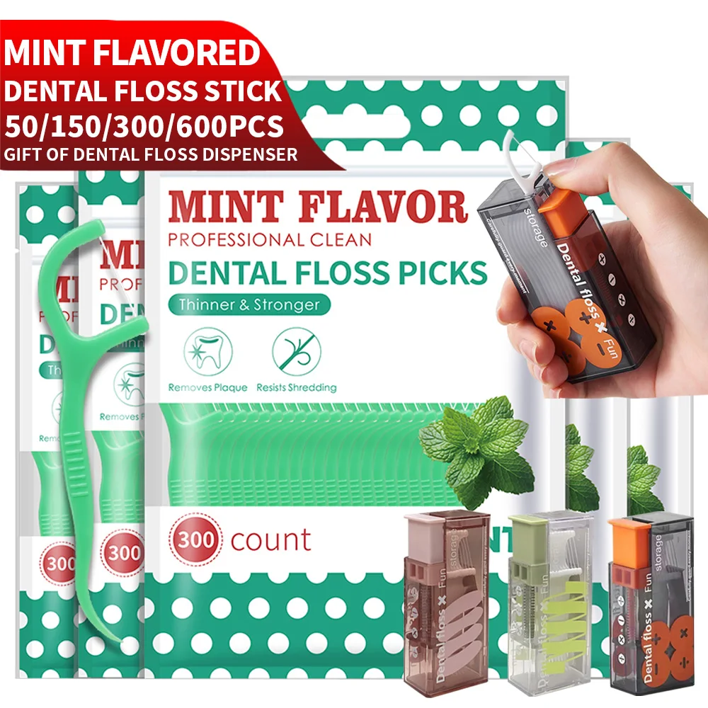 

50/150/300/600PCS ultra-fine mint dental floss sticks paired with mini compact dental floss boxes are essential for travel