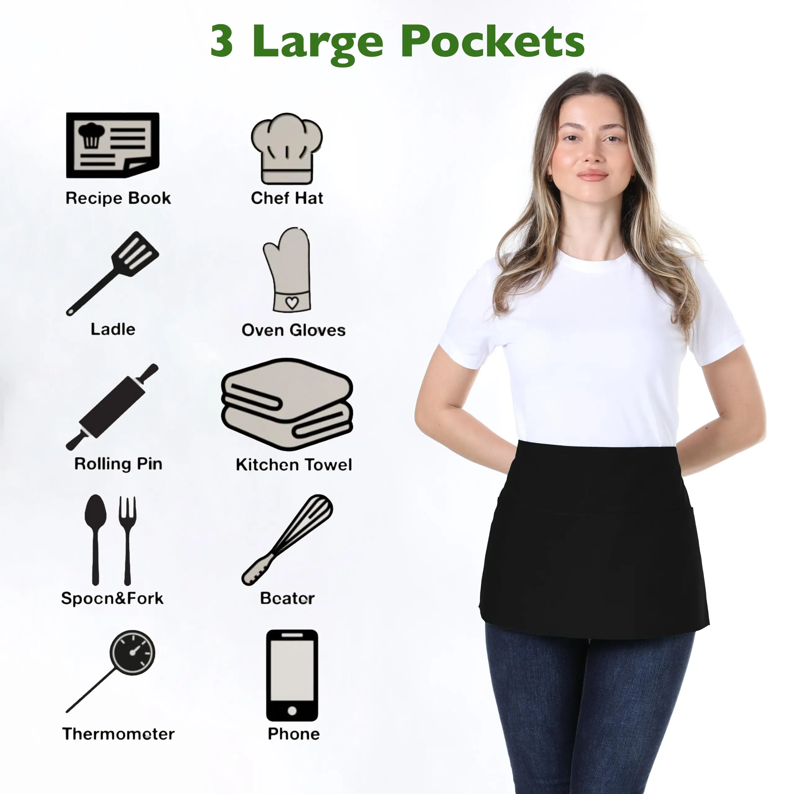 Waist Apron with 3 Pockets Waterdrop Resistant 1 Pack Cotton Waitress Apron