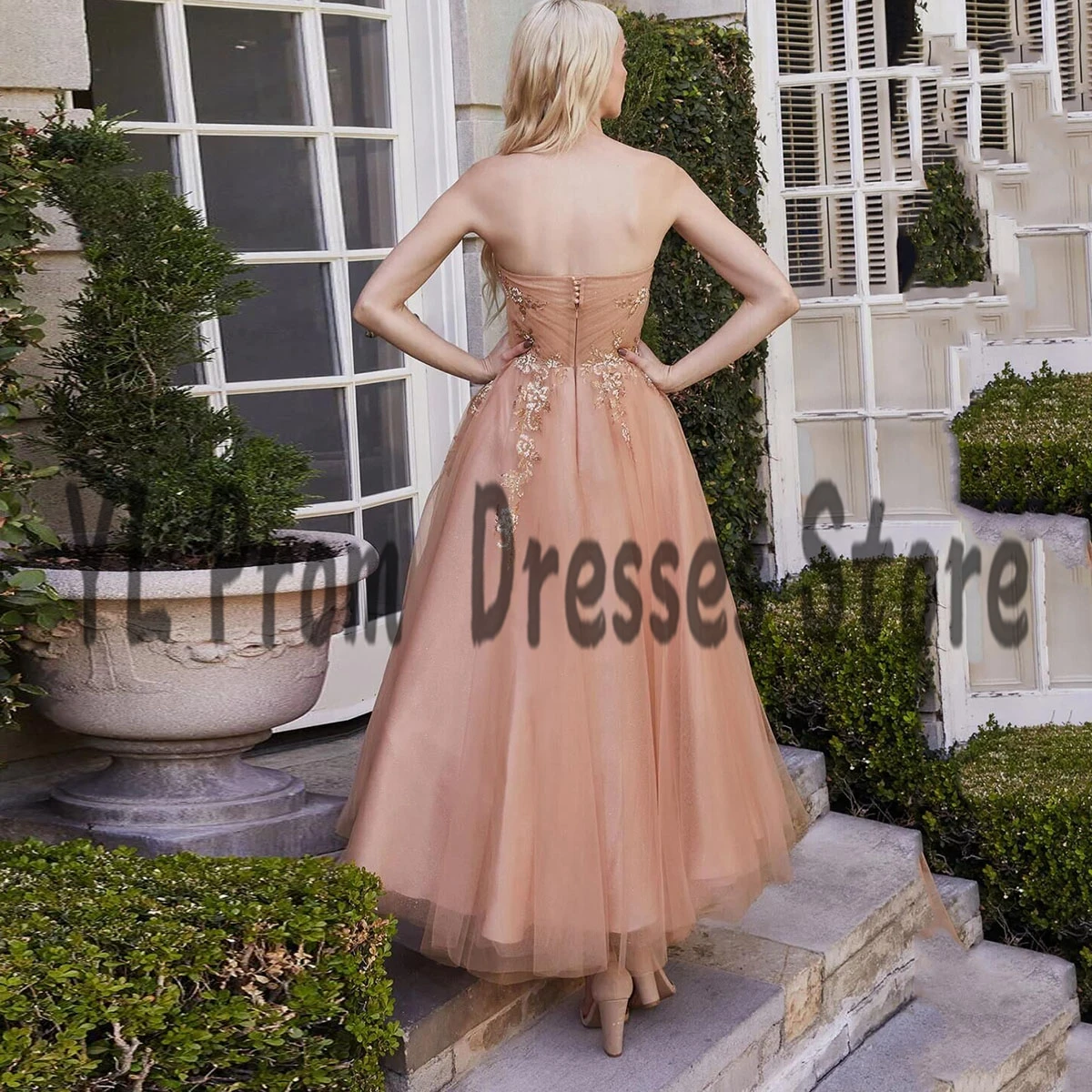 YL Champagne Midi Length Graduation Dresses A-Line Sweetheart Neck Tulle Sparly Lace vestido formal Short Prom Gowns 2022 New