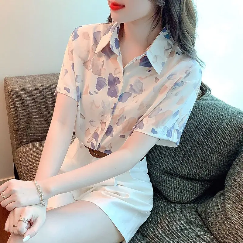 

Elegant Chiffon Short Sleeve Floral Shirt Summer Loose Unique Top