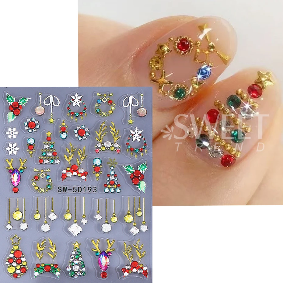 2 قطعة عيد الميلاد 5D تنقش مسمار ملصقات الشتاء القوس مصباح الكرة شجرة عيد الميلاد قرن الوعل مسمار الشارات المتزلجون السنة الجديدة مانيكير الديكور