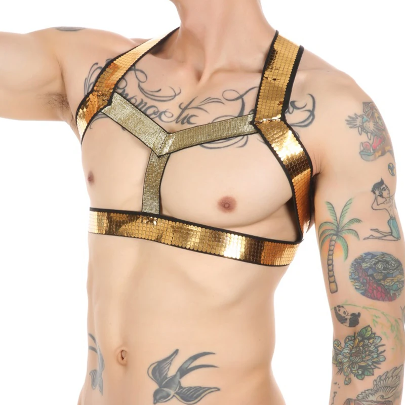 CLEVER-MENMODE Men\'s Sexy Bdsm Metal Harness Lingerie Halterneck Glitter Crossed Chest Strap Exotic Gay Sissy 18+ Adult Clothing