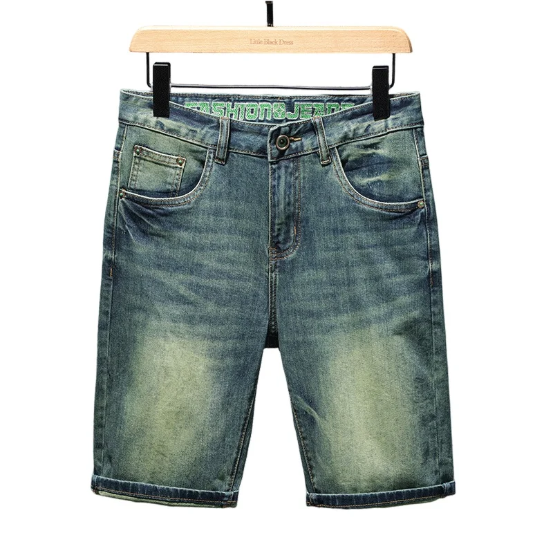 Retro Green Denim Shorts Men's Summer Stretch Fashion Fashion Brand Loose Straight American Casual Ruffle Handsome Shorts