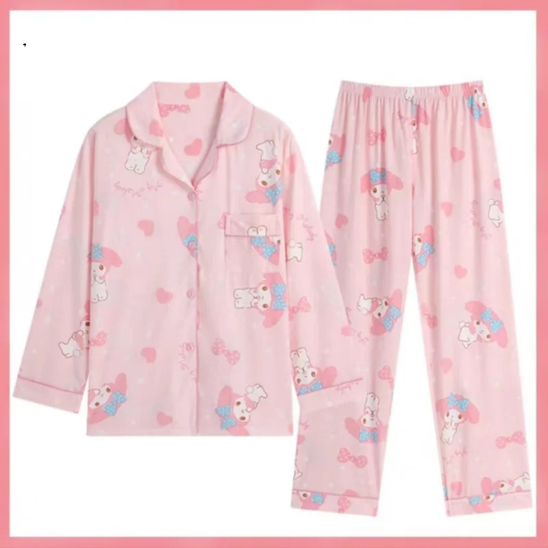 

Женские пижамы My Melody Kawaii с героями мультфильмов, студенческие весенне-осенние длинные брюки с длинными рукавами и лацканами, домашняя одежда для отдыха, костюм